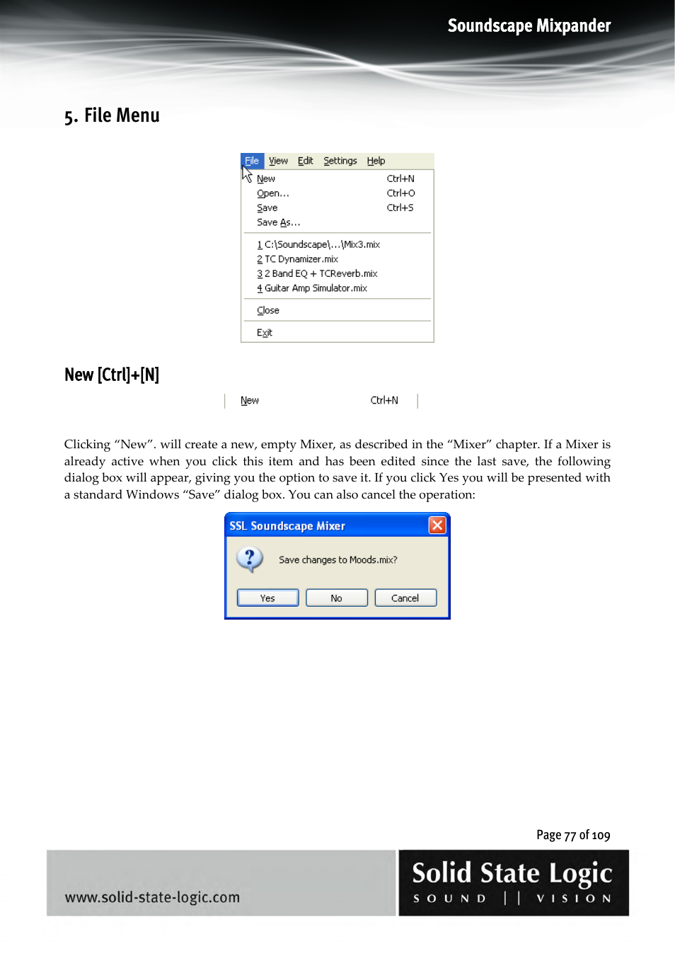 File menu, Soundscape mixpander, New [ctrl]+[n | Solid State Logic Soundscape Mixer User Manual | Page 77 / 109