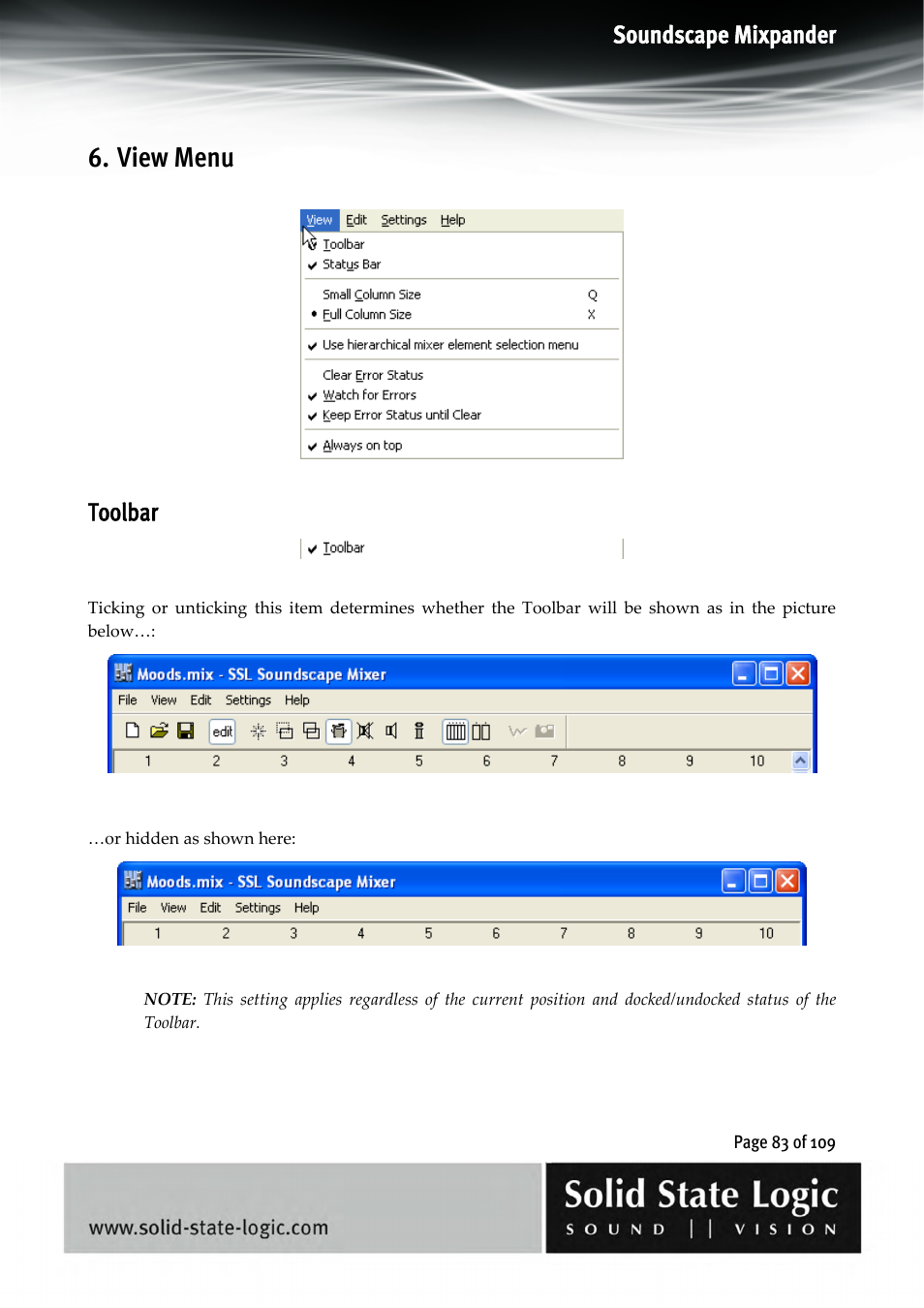 View menu, Soundscape mixpander, Toolbar | Solid State Logic Soundscape Mixer User Manual | Page 83 / 109