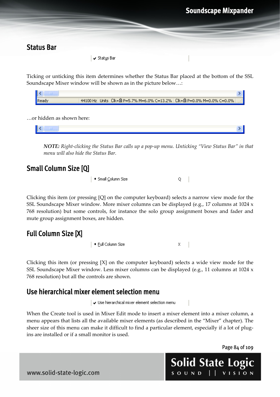 Soundscape mixpander, Status bar, Small column size [q | Full column size [x, Use hierarchical mixer element selection menu | Solid State Logic Soundscape Mixer User Manual | Page 84 / 109