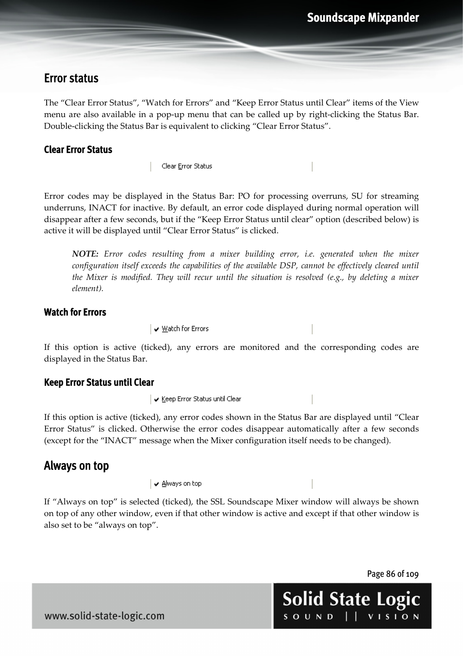 Soundscape mixpander, Error status, Always on top | Solid State Logic Soundscape Mixer User Manual | Page 86 / 109