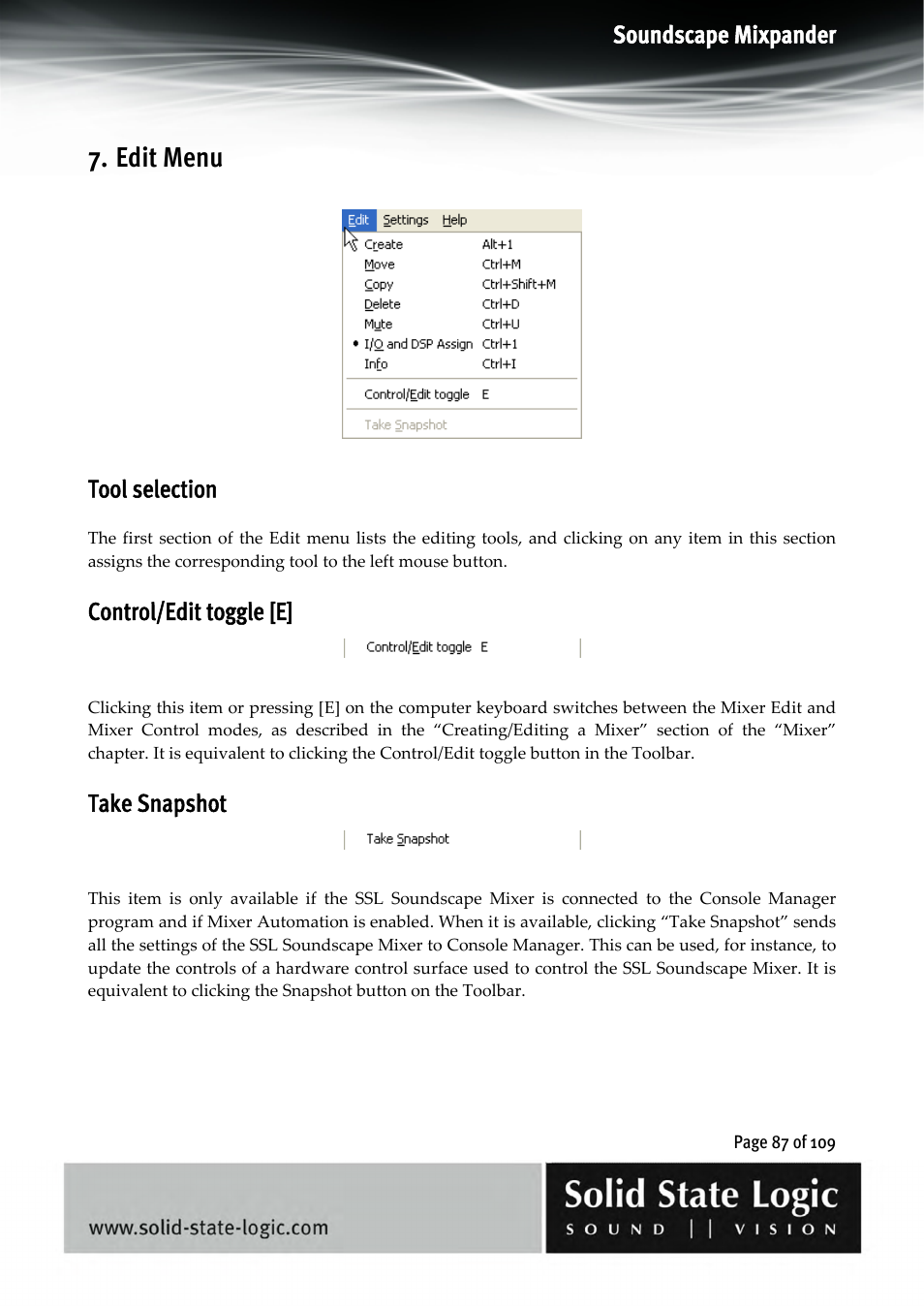 Edit menu, Soundscape mixpander, Tool selection | Control/edit toggle [e, Take snapshot | Solid State Logic Soundscape Mixer User Manual | Page 87 / 109