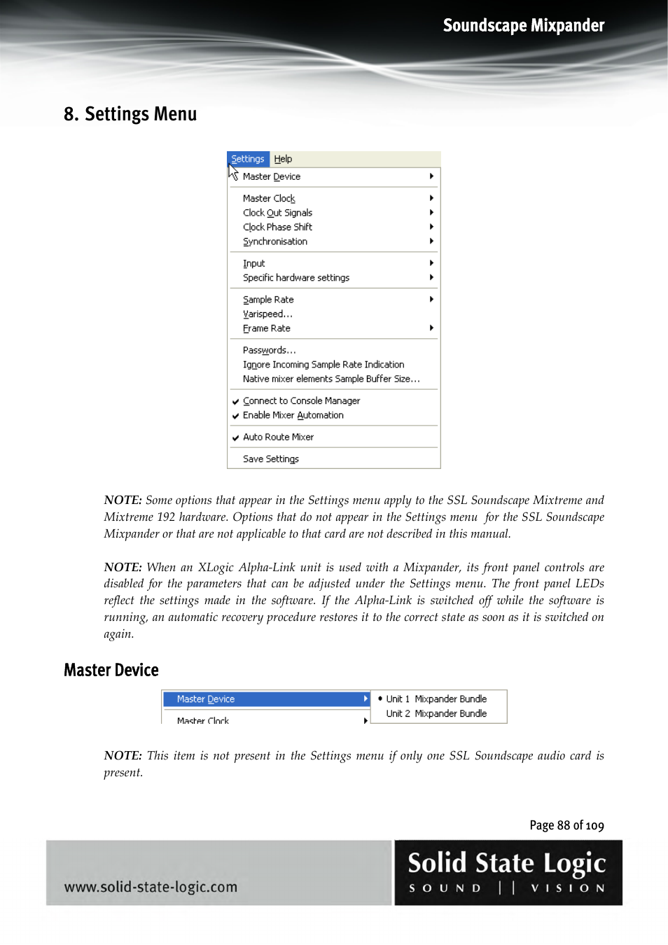 Settings menu, Soundscape mixpander, Master device | Solid State Logic Soundscape Mixer User Manual | Page 88 / 109