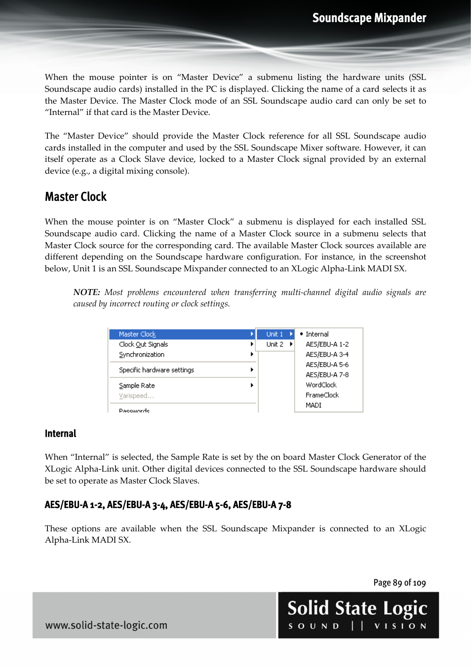 Soundscape mixpander, Master clock | Solid State Logic Soundscape Mixer User Manual | Page 89 / 109