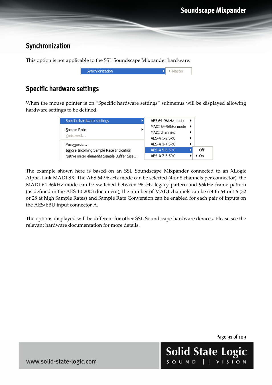 Soundscape mixpander, Synchronization, Specific hardware settings | Solid State Logic Soundscape Mixer User Manual | Page 91 / 109