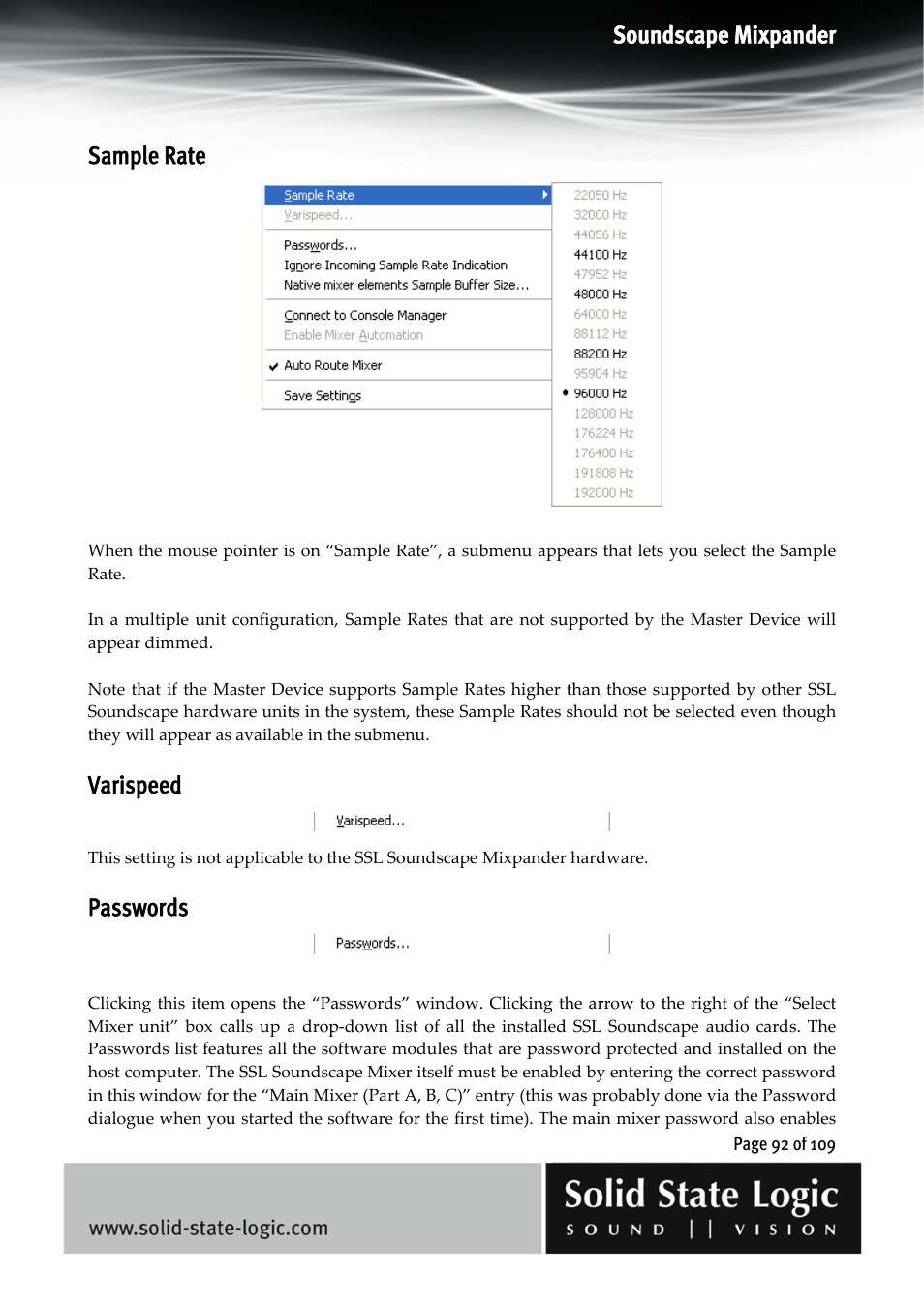 Soundscape mixpander, Sample rate, Varispeed | Passwords | Solid State Logic Soundscape Mixer User Manual | Page 92 / 109