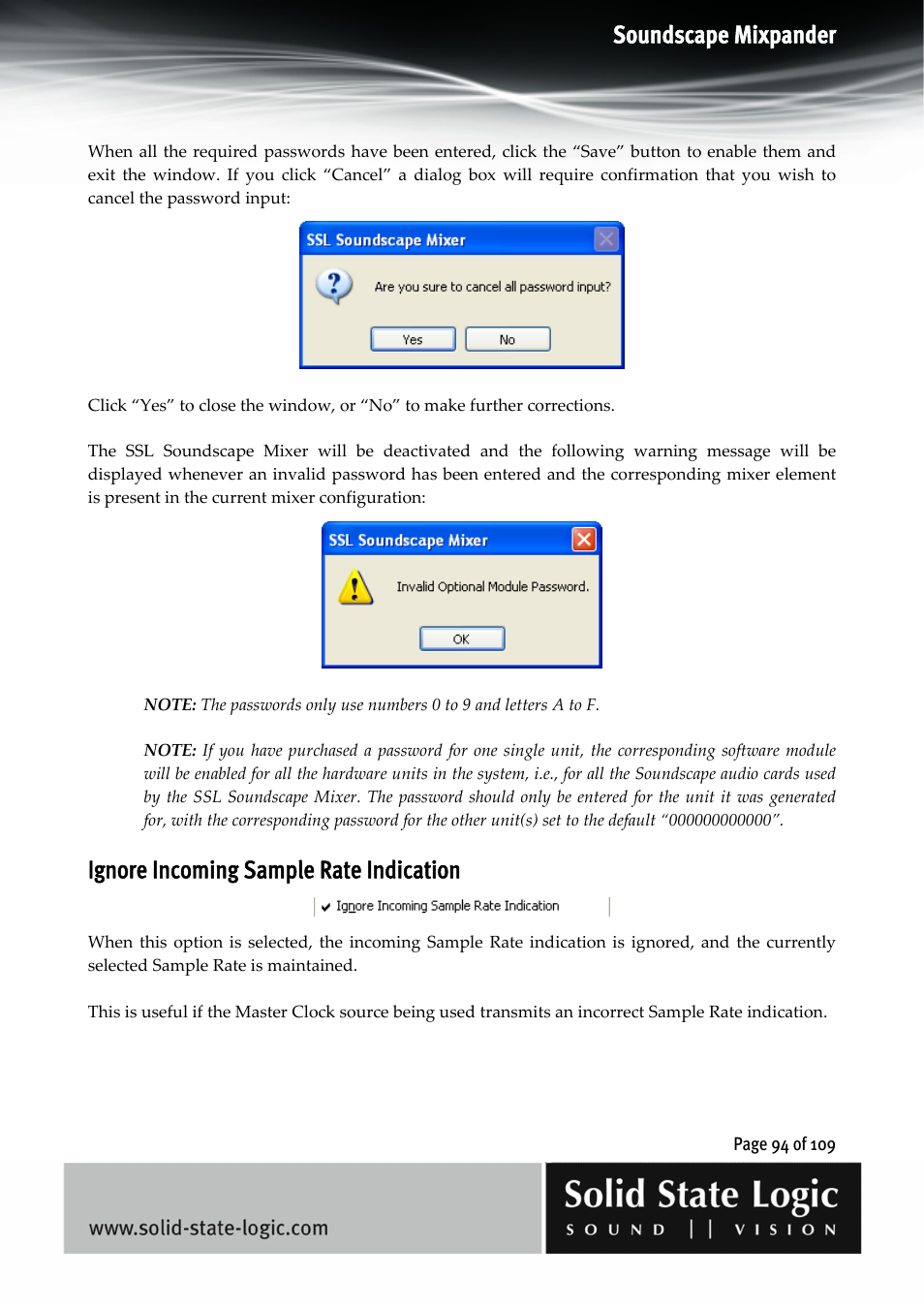 Soundscape mixpander, Ignore incoming sample rate indication | Solid State Logic Soundscape Mixer User Manual | Page 94 / 109
