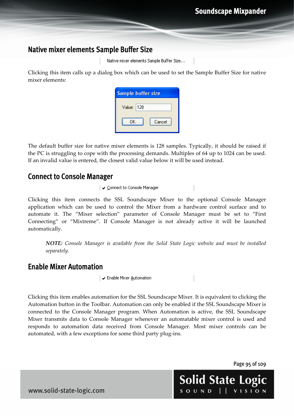 Soundscape mixpander, Native mixer elements sample buffer size, Connect to console manager | Enable mixer automation | Solid State Logic Soundscape Mixer User Manual | Page 95 / 109