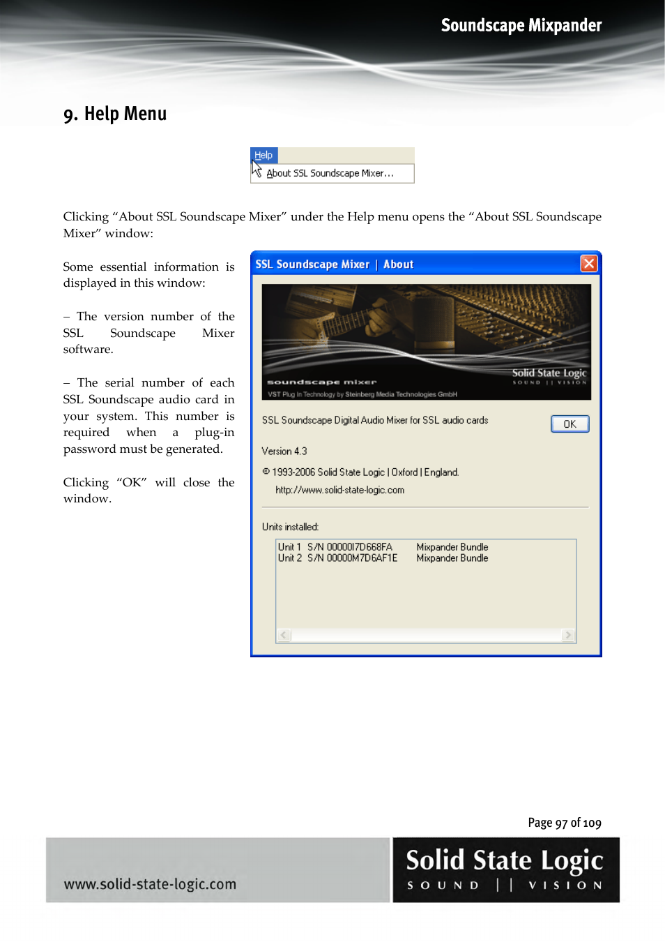 Help menu, Soundscape mixpander | Solid State Logic Soundscape Mixer User Manual | Page 97 / 109