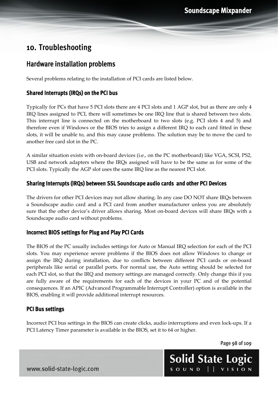 Troubleshooting, Soundscape mixpander, Hardware installation problems | Solid State Logic Soundscape Mixer User Manual | Page 98 / 109