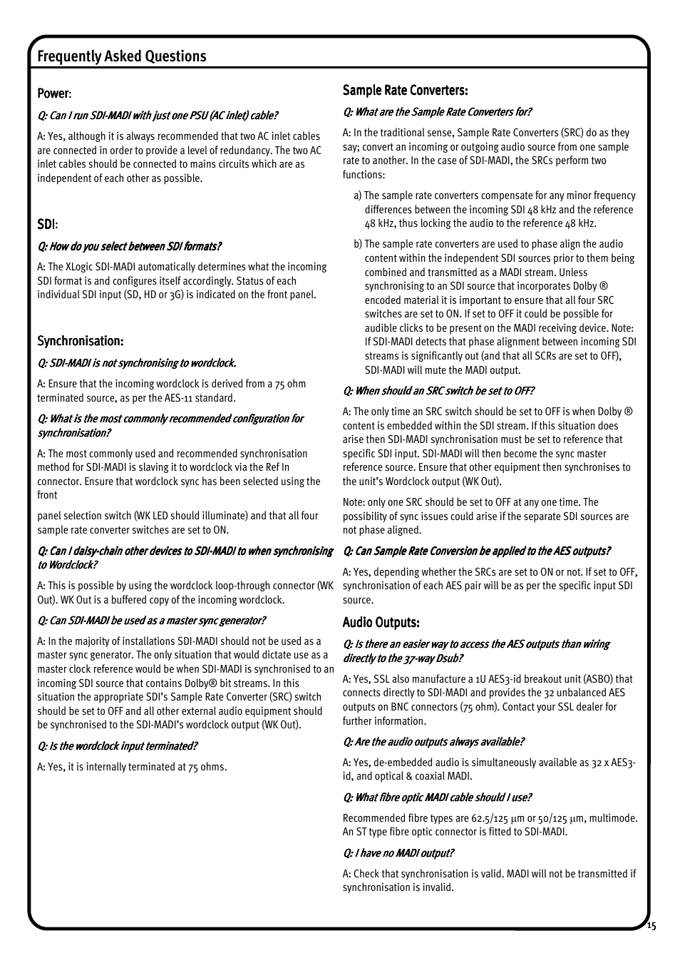 Frequently asked questions | Solid State Logic AMETRIX 1266 User Manual | Page 15 / 16