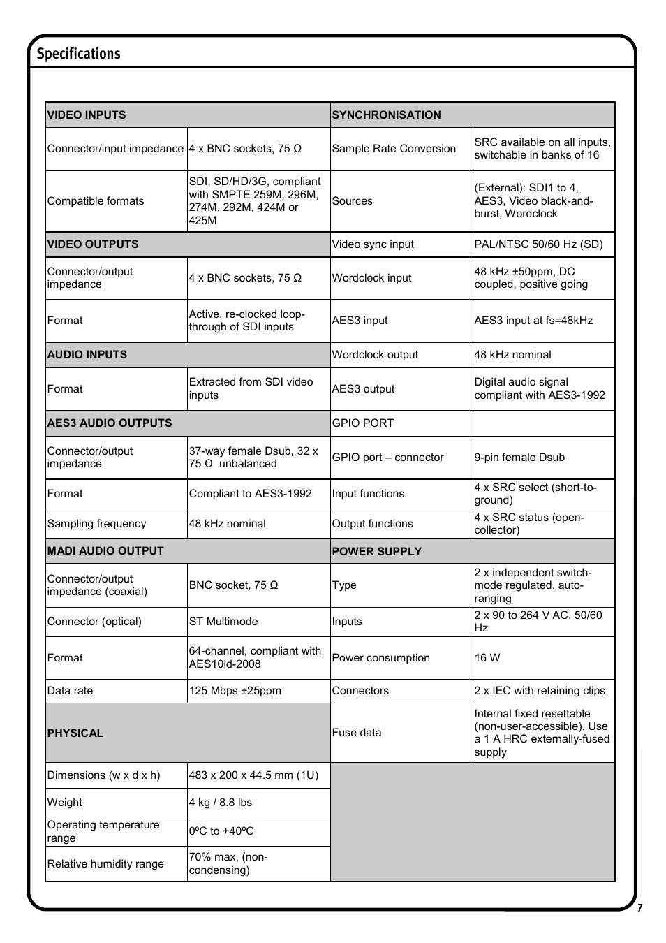 Specifications | Solid State Logic AMETRIX 1266 User Manual | Page 7 / 16