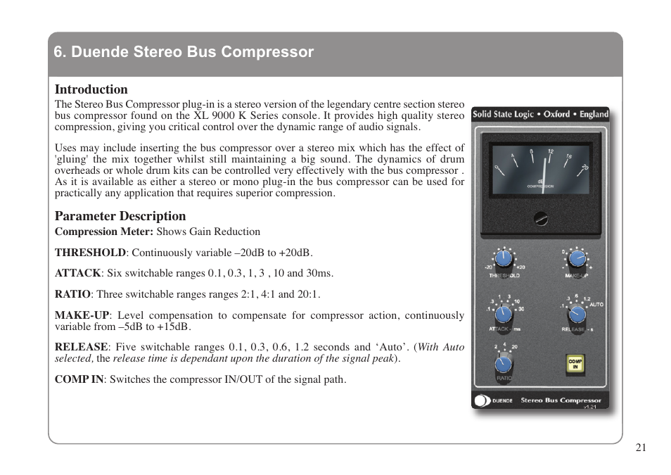 Duende stereo bus compressor, Introduction, Parameter description | Solid State Logic DUENDE 82S6MC060A User Manual | Page 25 / 28
