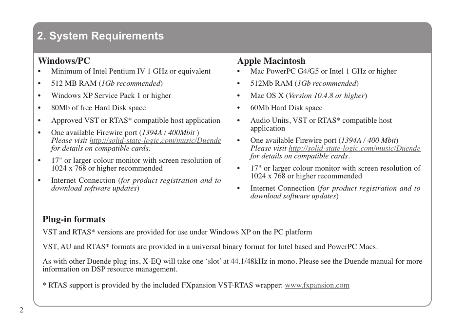 System requirements | Solid State Logic DUENDE 82S6MC060A User Manual | Page 6 / 28
