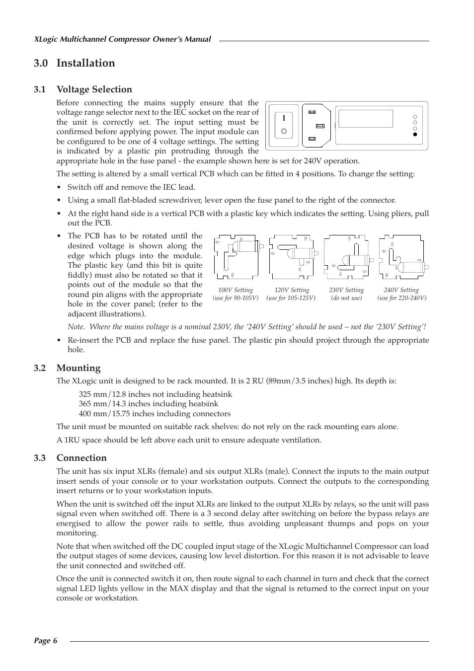 0 installation, 1 voltage selection, 2 mounting | 3 connection | Solid State Logic XLOGIC 82S6XL010D User Manual | Page 10 / 18