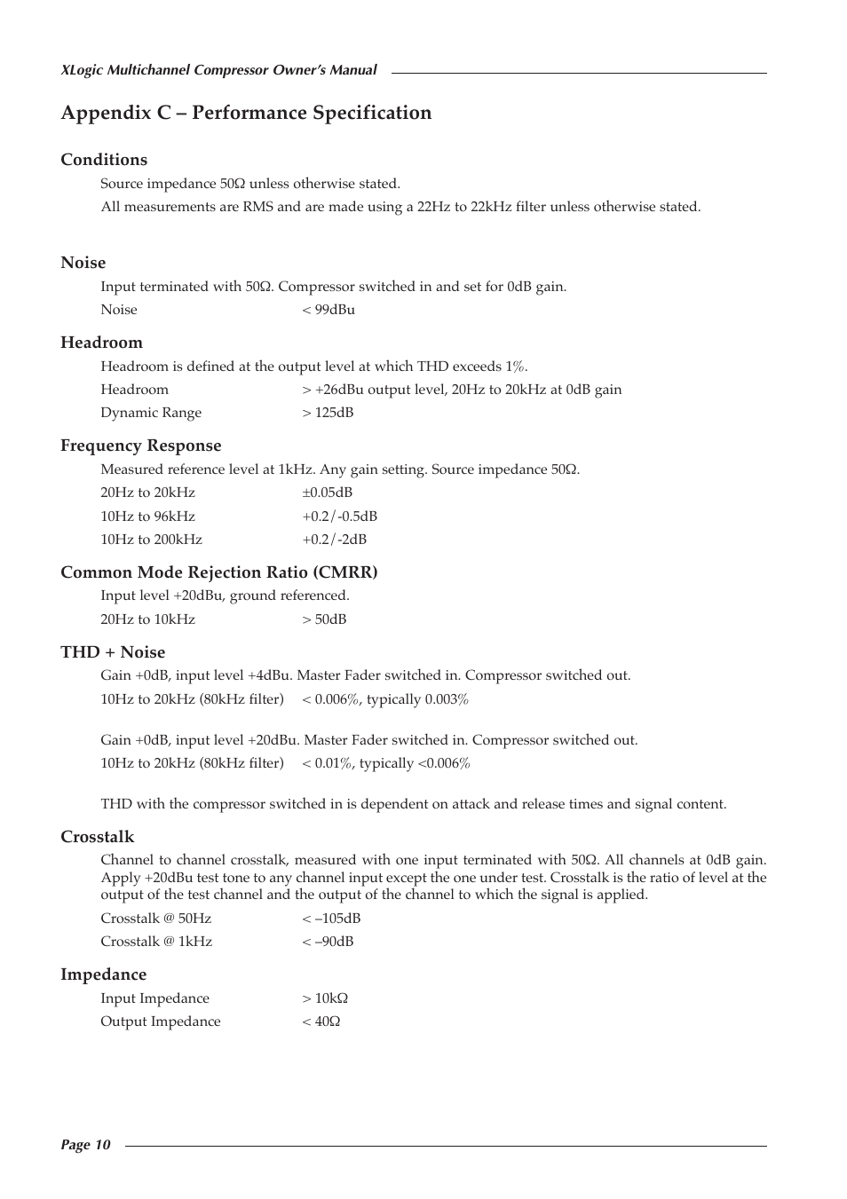 Appendix c – performance specification | Solid State Logic XLOGIC 82S6XL010D User Manual | Page 14 / 18