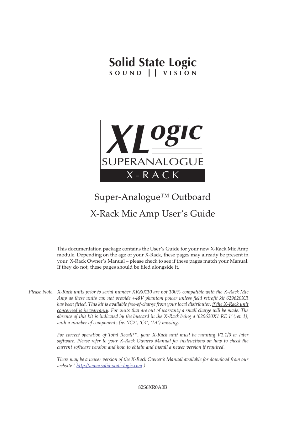 Solid State Logic 82S6XR0A0B User Manual | 8 pages