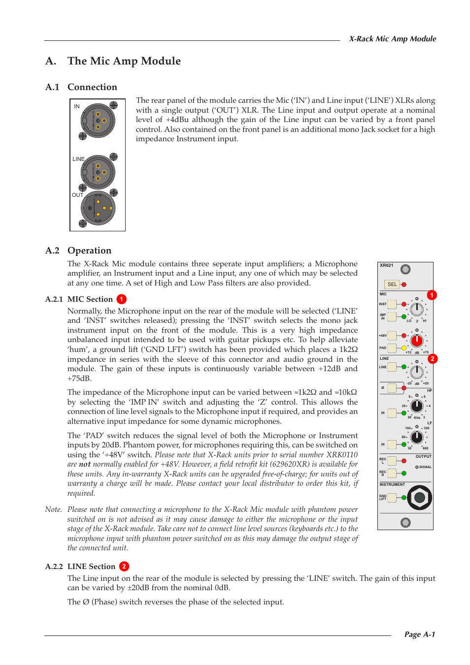 A. the mic amp module, A.1 connection, A.2 operation | Page a-1 x-rack mic amp module | Solid State Logic 82S6XR0A0B User Manual | Page 3 / 8