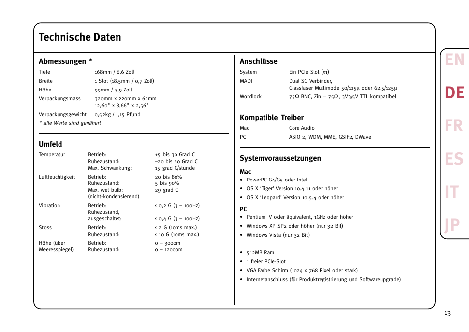 En de fr es it jp, Technische daten | Solid State Logic MadiXtreme MADI I/O User Manual | Page 15 / 40