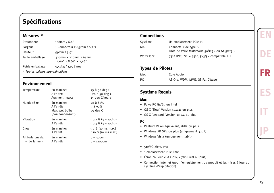 En de fr es it jp, Spécifications | Solid State Logic MadiXtreme MADI I/O User Manual | Page 21 / 40