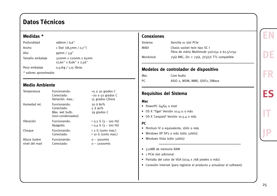 En de fr es it jp, Datos técnicos | Solid State Logic MadiXtreme MADI I/O User Manual | Page 27 / 40