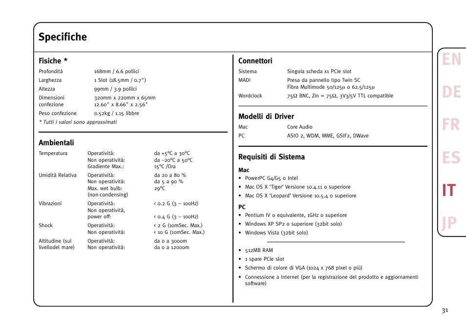 En de fr es it jp, Specifiche | Solid State Logic MadiXtreme MADI I/O User Manual | Page 33 / 40