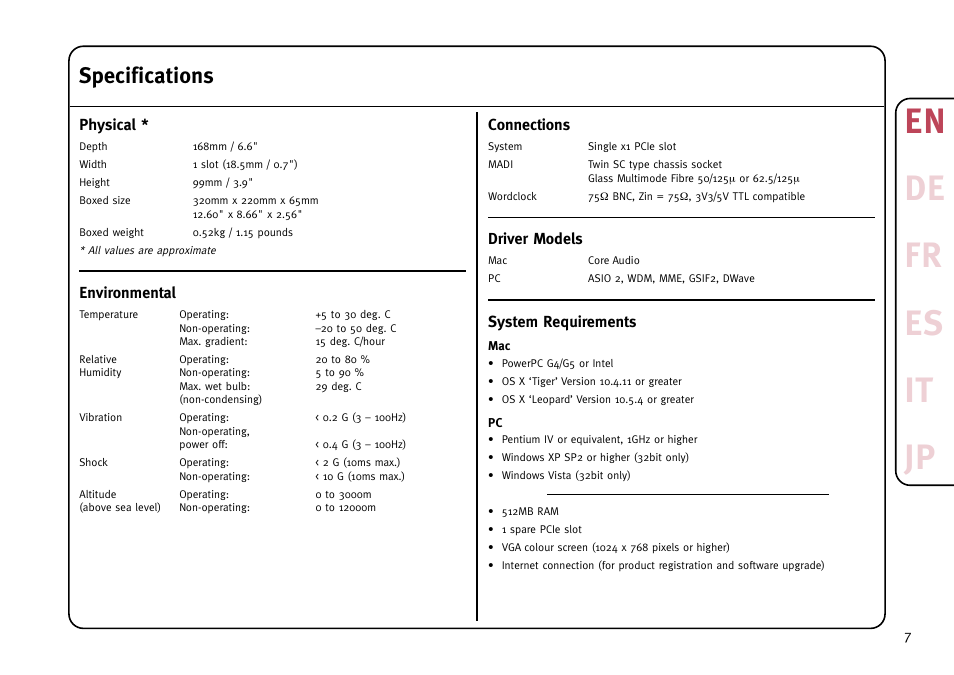 En de fr es it jp, Specifications | Solid State Logic MadiXtreme MADI I/O User Manual | Page 9 / 40