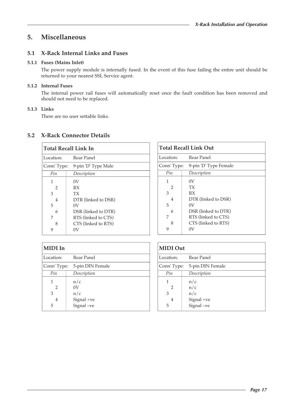 Miscellaneous, 1 x-rack internal links and fuses, 2 x-rack connector details | Solid State Logic X-Logic Series User Manual | Page 21 / 58