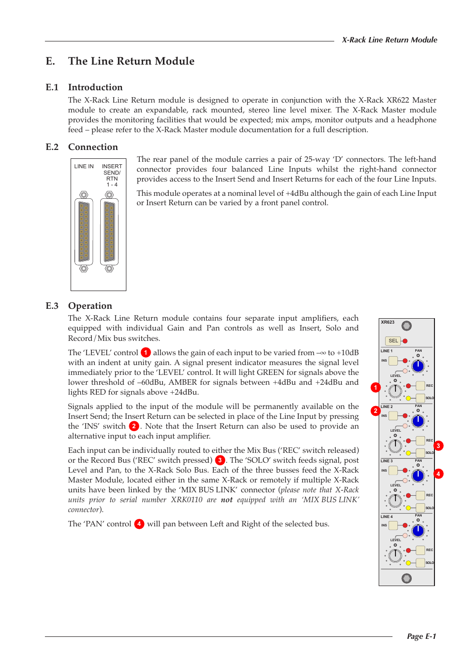 E. the line return module, E.1 introduction, E.2 connection | E.3 operation, Page e-1 x-rack line return module | Solid State Logic X-Logic Series User Manual | Page 45 / 58