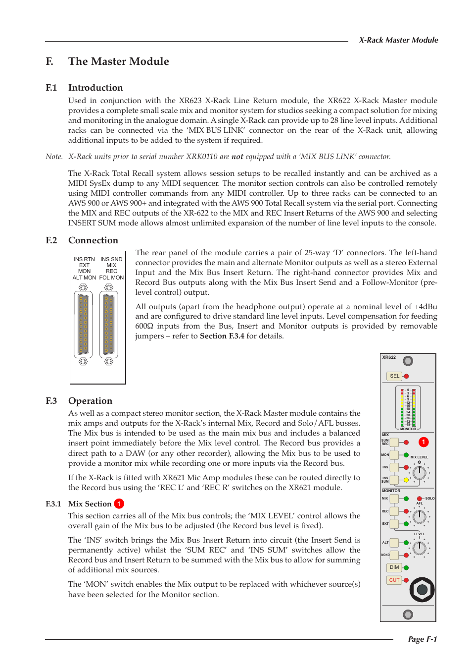 F. the master module, F.1 introduction, F.2 connection | F.3 operation, Page f-1 x-rack master module | Solid State Logic X-Logic Series User Manual | Page 51 / 58