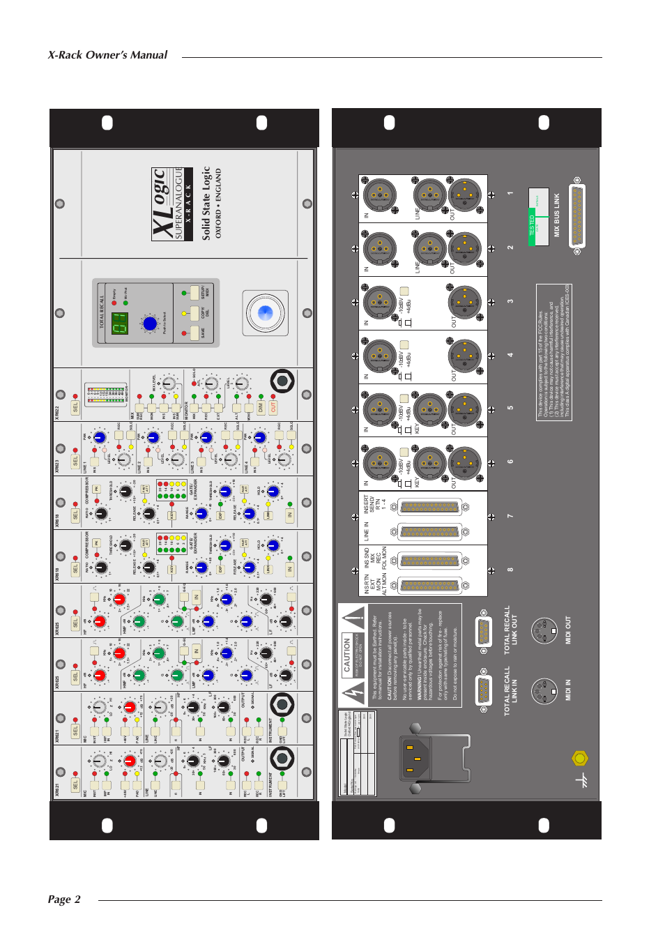 Ogic, Page 2 x-rack owner’s manual, Solid state logic | Superanalogue, Oxford • england, Caution, X - r a c k, Total recall link in midi in, Midi out total recall link out, Mix bus link | Solid State Logic X-Logic Series User Manual | Page 6 / 58