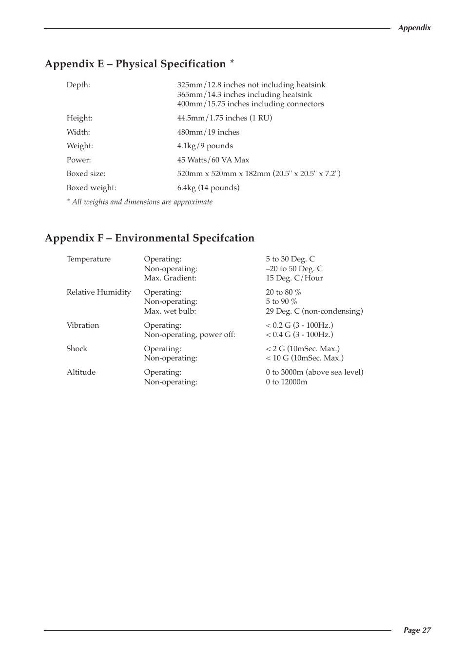 Appendix e – physical specification, Appendix f – environmental specifcation | Solid State Logic 82S6XL020E User Manual | Page 31 / 32