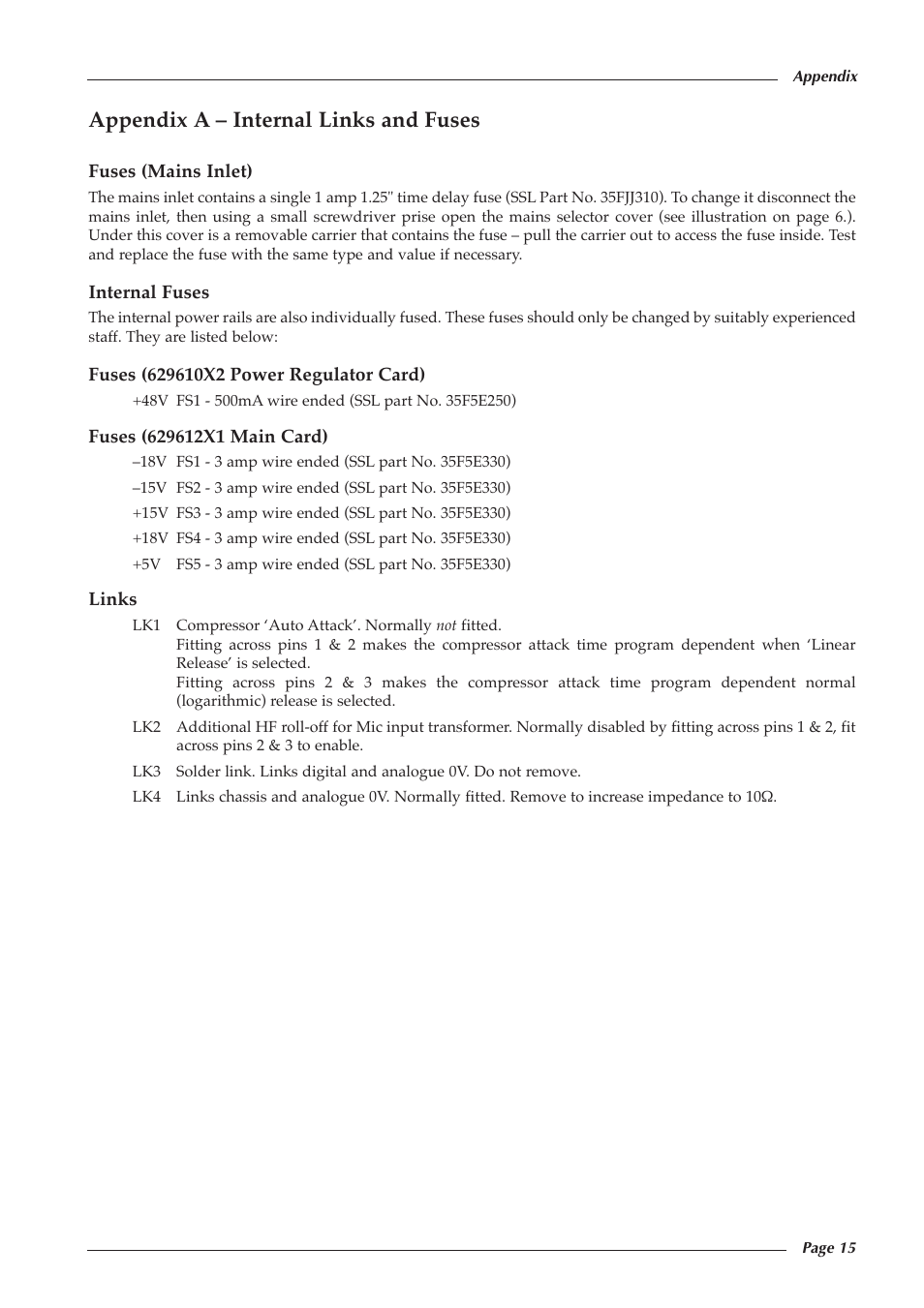 Appendix a – internal links and fuses | Solid State Logic 82S6XL090A User Manual | Page 19 / 30