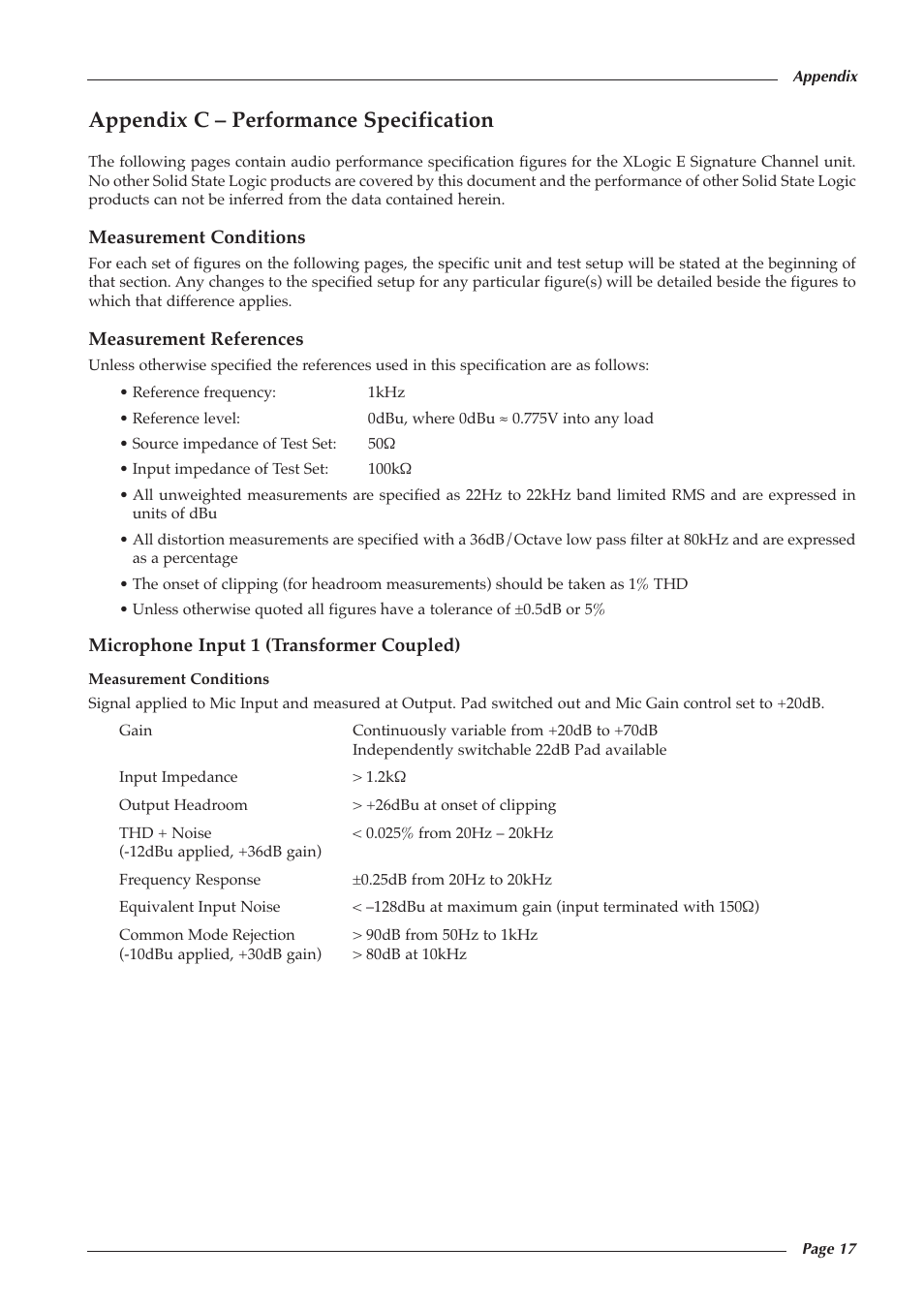 Appendix c – performance specification | Solid State Logic 82S6XL090A User Manual | Page 21 / 30