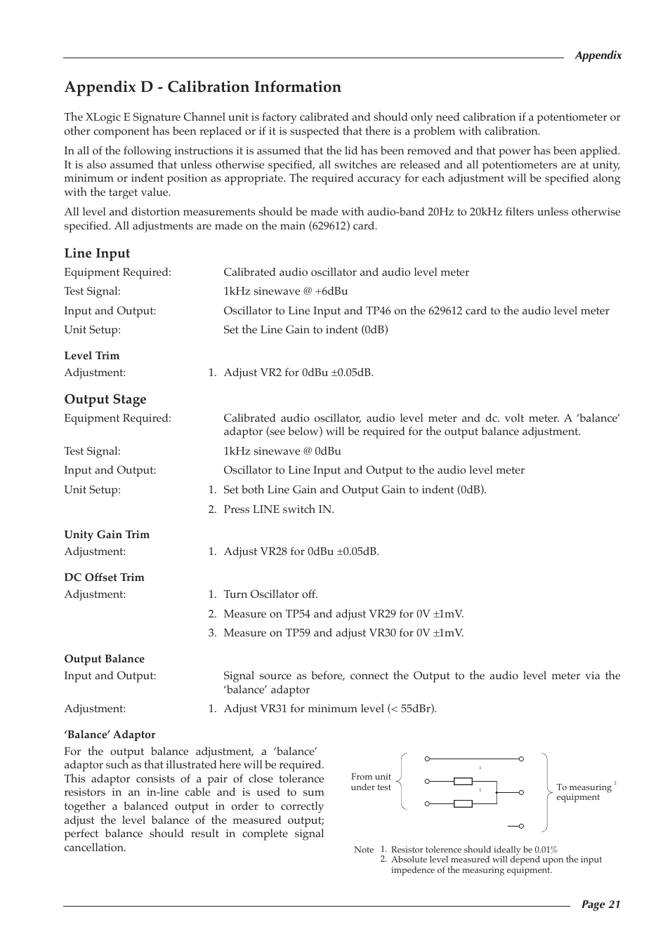 Appendix d - calibration information, Line input, Output stage | Solid State Logic 82S6XL090A User Manual | Page 25 / 30