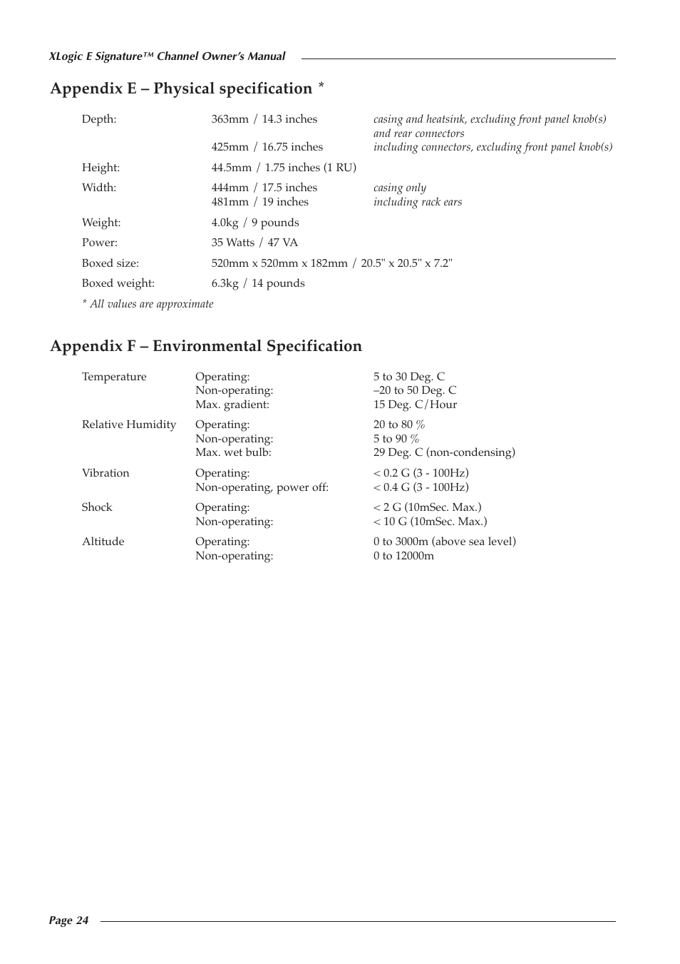 Appendix e – physical specification, Appendix f – environmental specification | Solid State Logic 82S6XL090A User Manual | Page 28 / 30