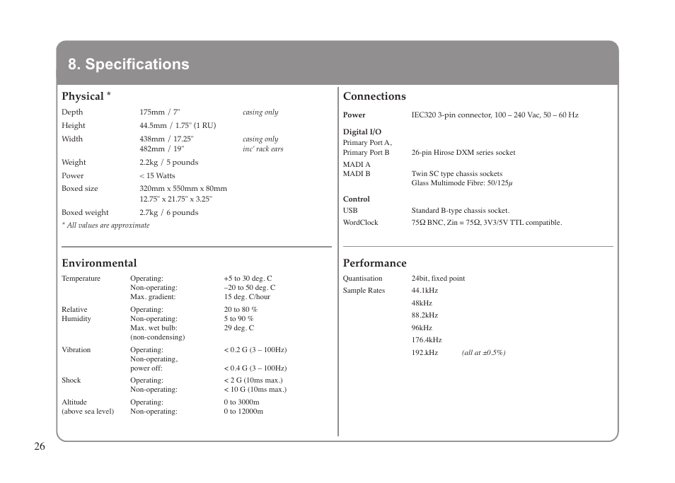 Specifications, Physical, Environmental | Connections, Performance | Solid State Logic XLogic Delta LINK MADI HD User Manual | Page 30 / 32