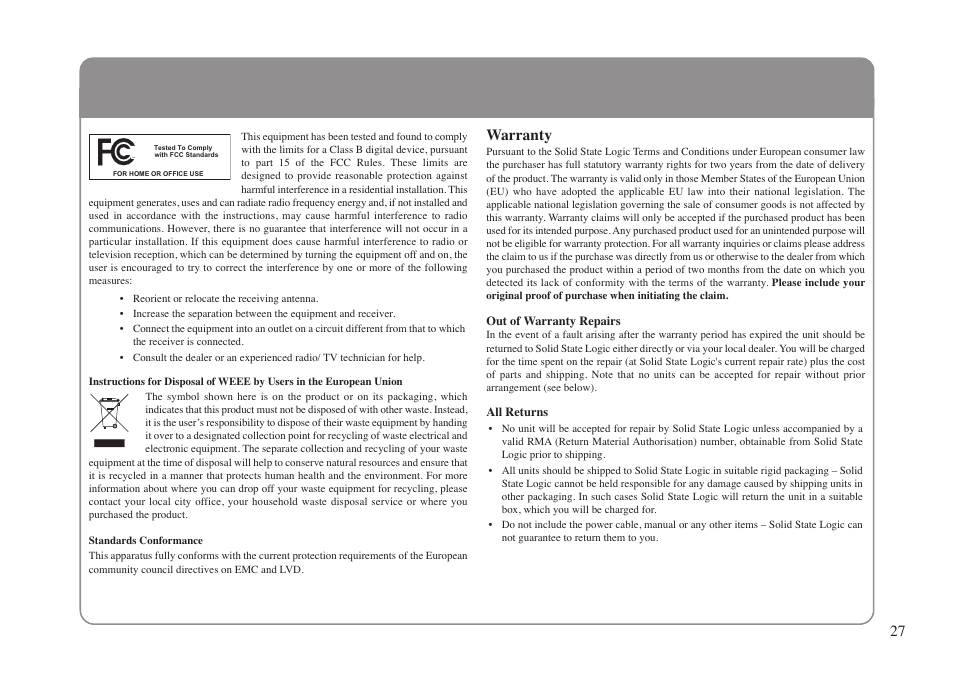 Warranty | Solid State Logic XLogic Delta LINK MADI HD User Manual | Page 31 / 32