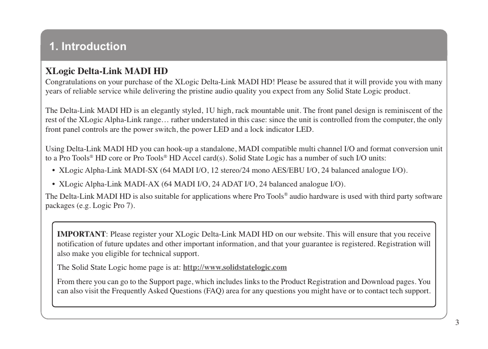 Introduction | Solid State Logic XLogic Delta LINK MADI HD User Manual | Page 7 / 32