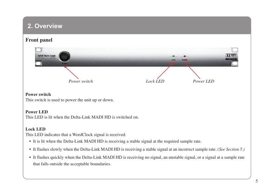 Overview, Front panel | Solid State Logic XLogic Delta LINK MADI HD User Manual | Page 9 / 32