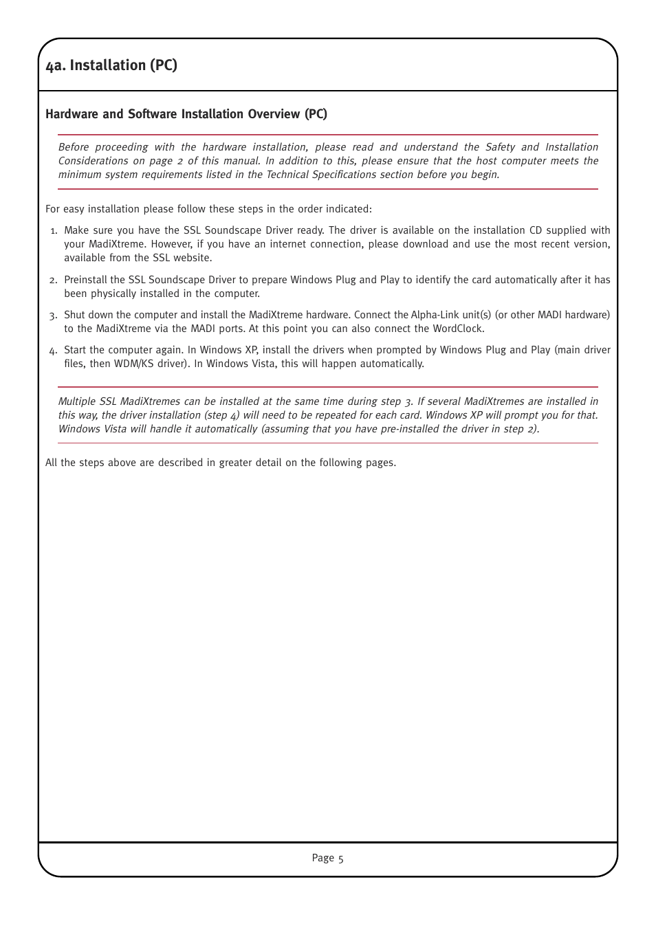 4a. installation (pc), Hardware and software installation overview (pc) | Solid State Logic Multichannel Digital Audio Interface MadiXtreme User Manual | Page 11 / 52