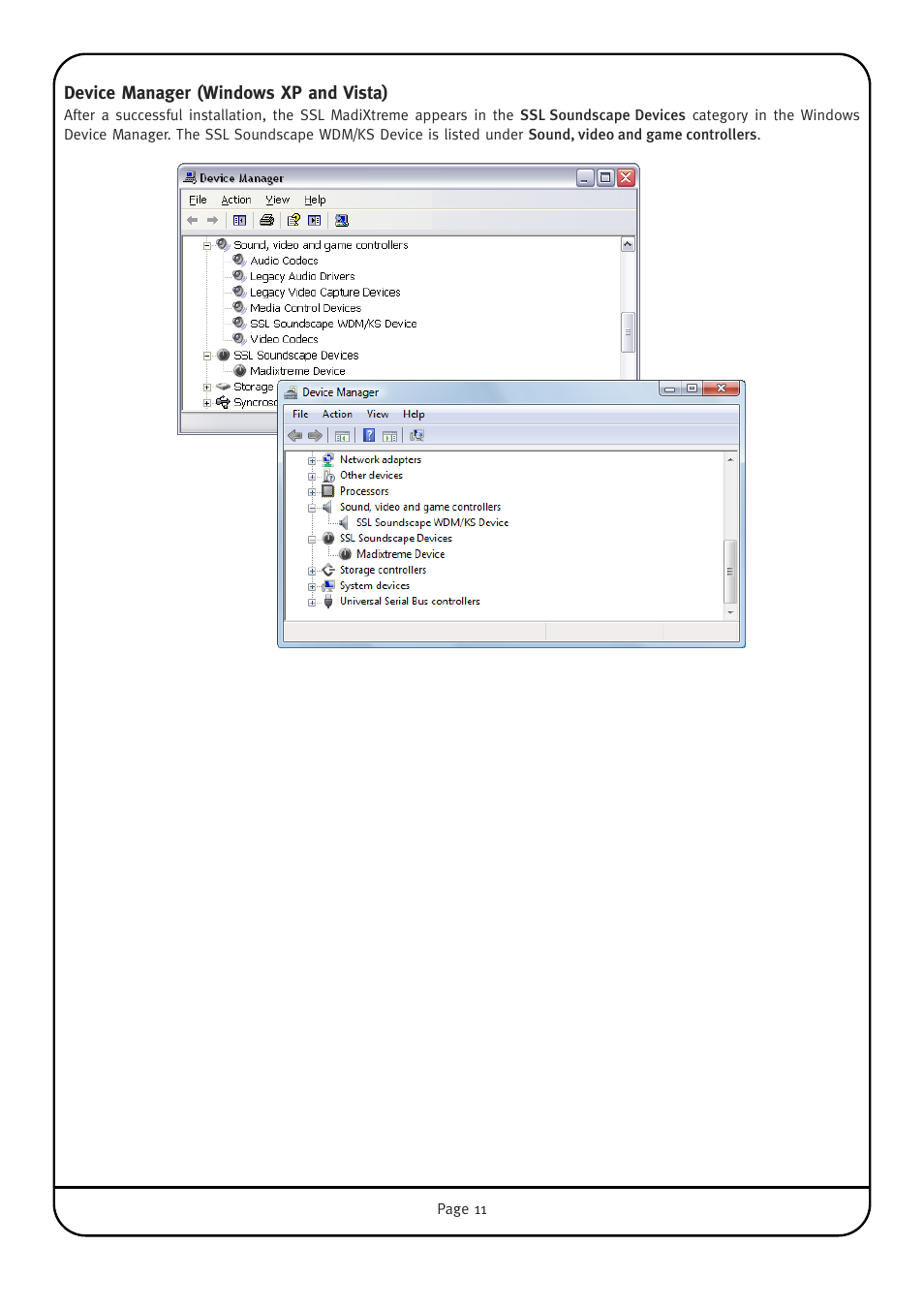 Device manager (windows xp and vista) | Solid State Logic Multichannel Digital Audio Interface MadiXtreme User Manual | Page 17 / 52
