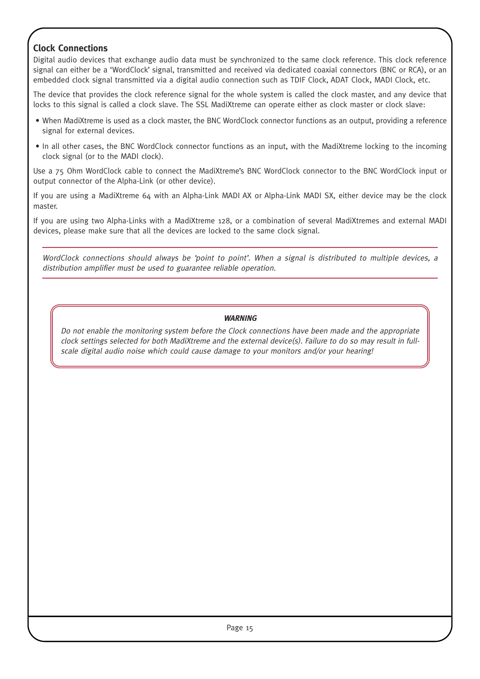 Clock connections | Solid State Logic Multichannel Digital Audio Interface MadiXtreme User Manual | Page 21 / 52