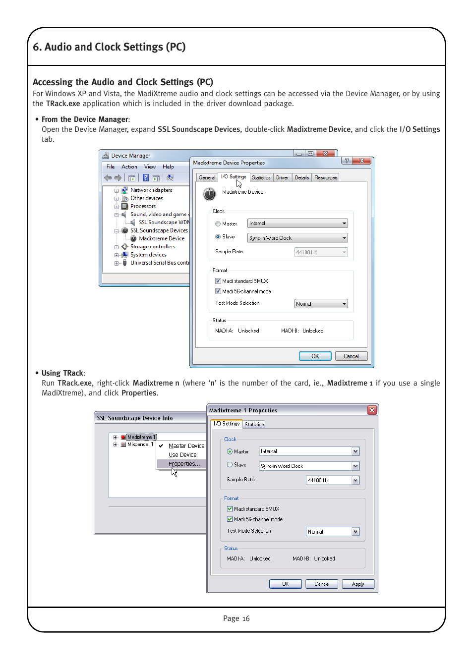 Audio and clock settings (pc), Accessing the audio and clock settings (pc) | Solid State Logic Multichannel Digital Audio Interface MadiXtreme User Manual | Page 22 / 52