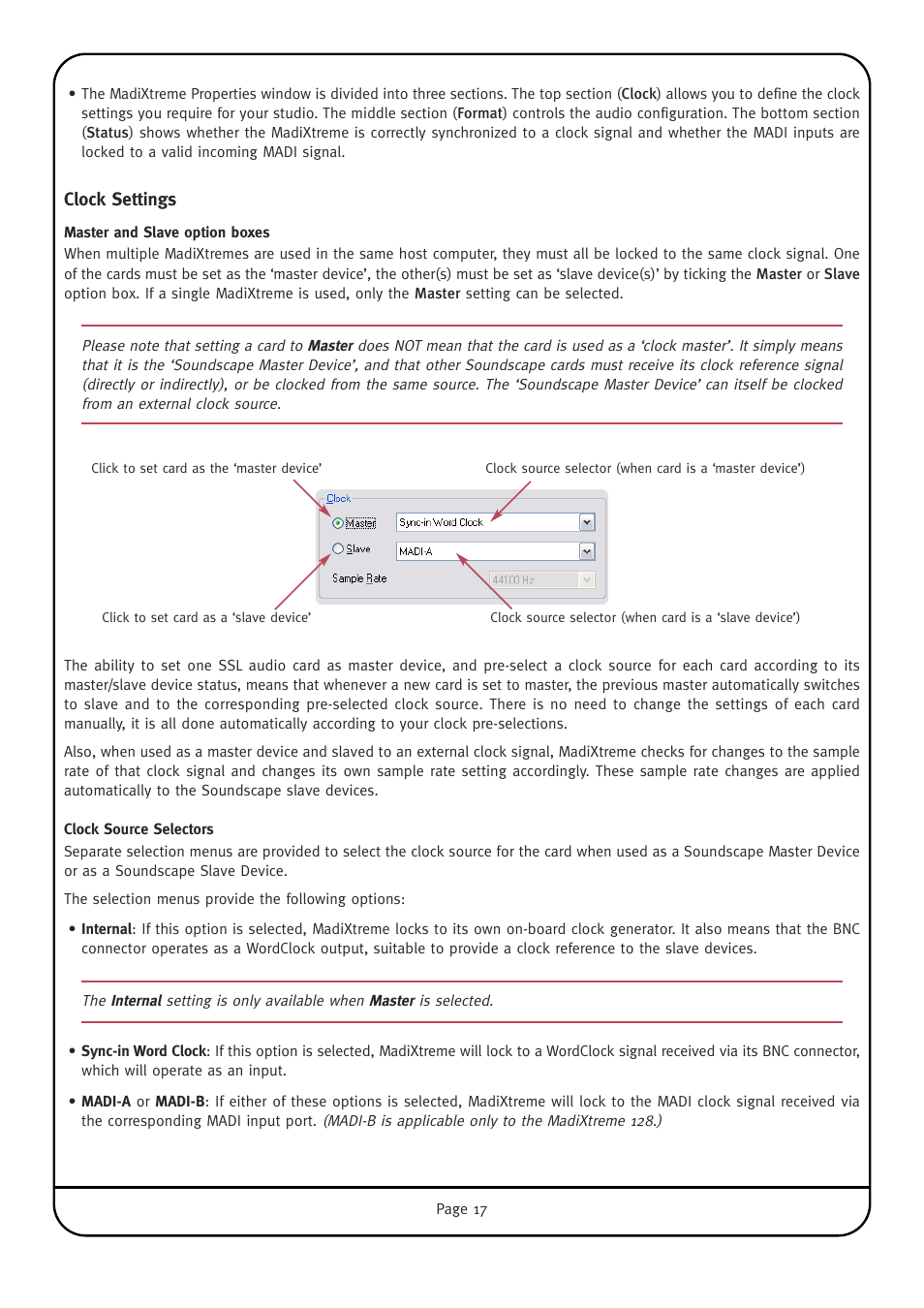 Clock settings, Master and slave option boxes, Clock source selectors | Solid State Logic Multichannel Digital Audio Interface MadiXtreme User Manual | Page 23 / 52