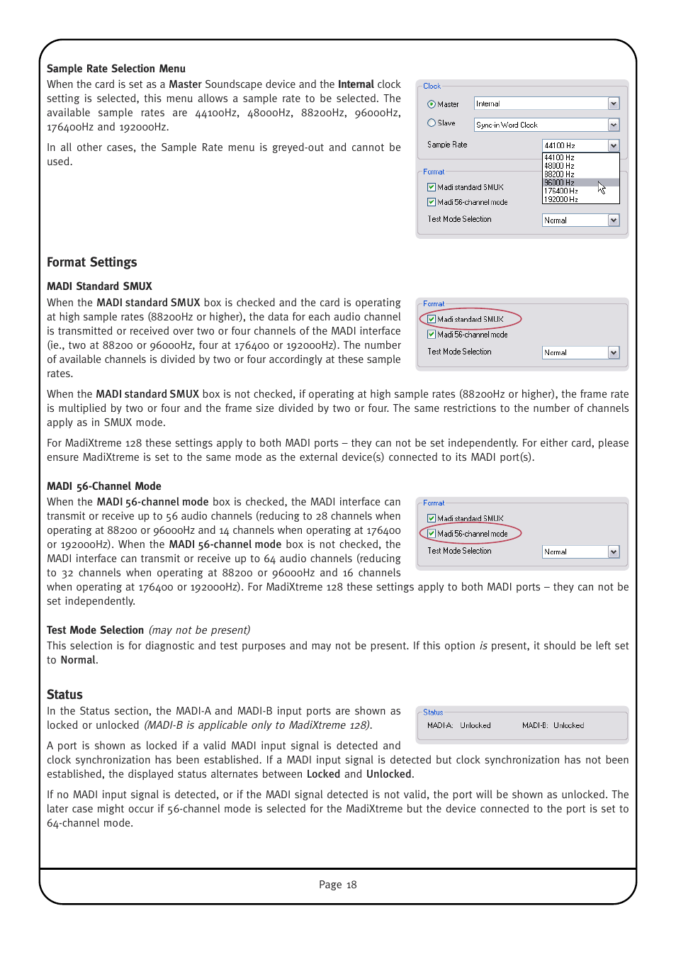 Sample rate selection menu, Format settings, Madi a standard smux | Madi a 56-channel mode, Status | Solid State Logic Multichannel Digital Audio Interface MadiXtreme User Manual | Page 24 / 52