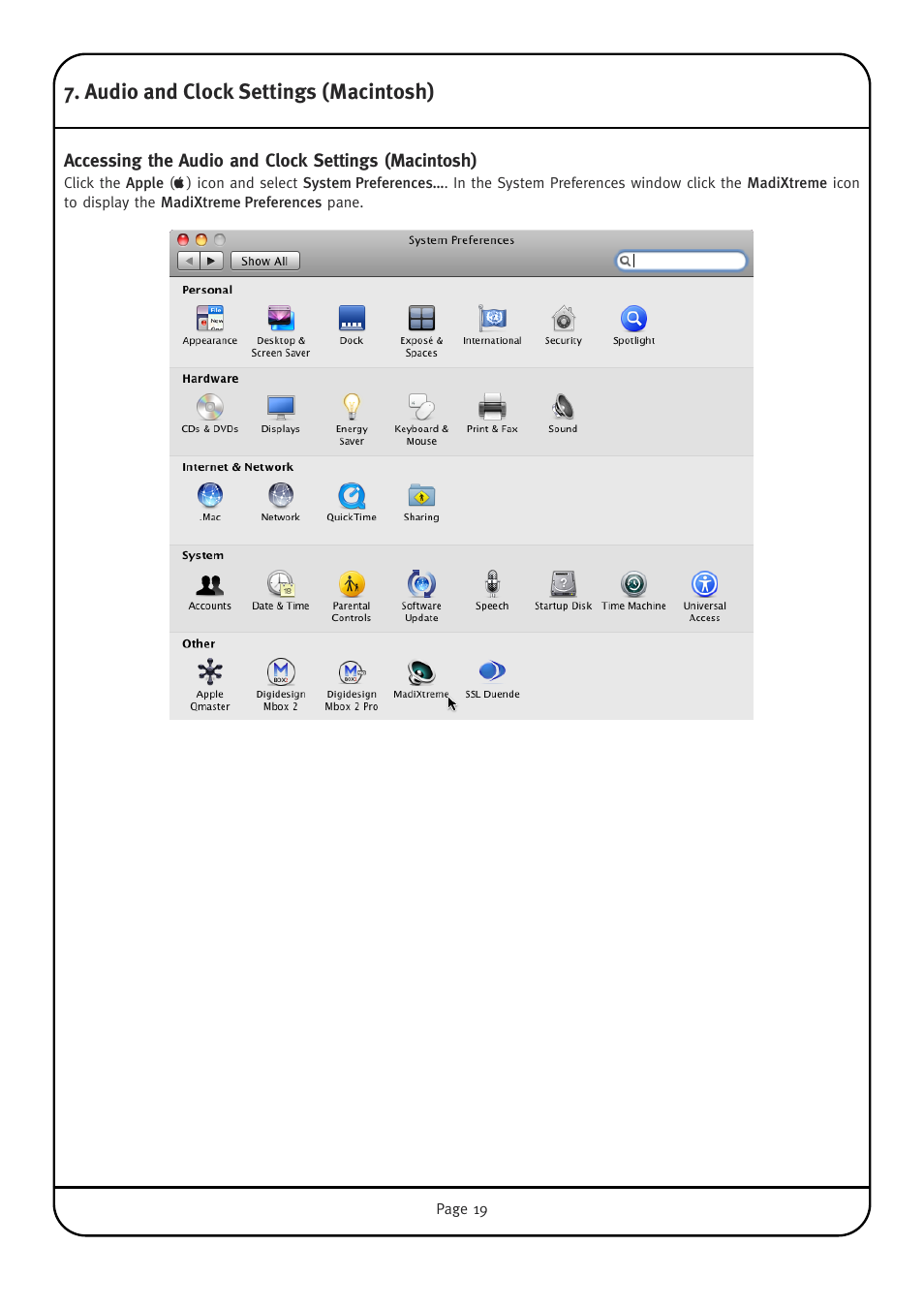Audio and clock settings (macintosh), Accessing the audio and clock settings (macintosh) | Solid State Logic Multichannel Digital Audio Interface MadiXtreme User Manual | Page 25 / 52