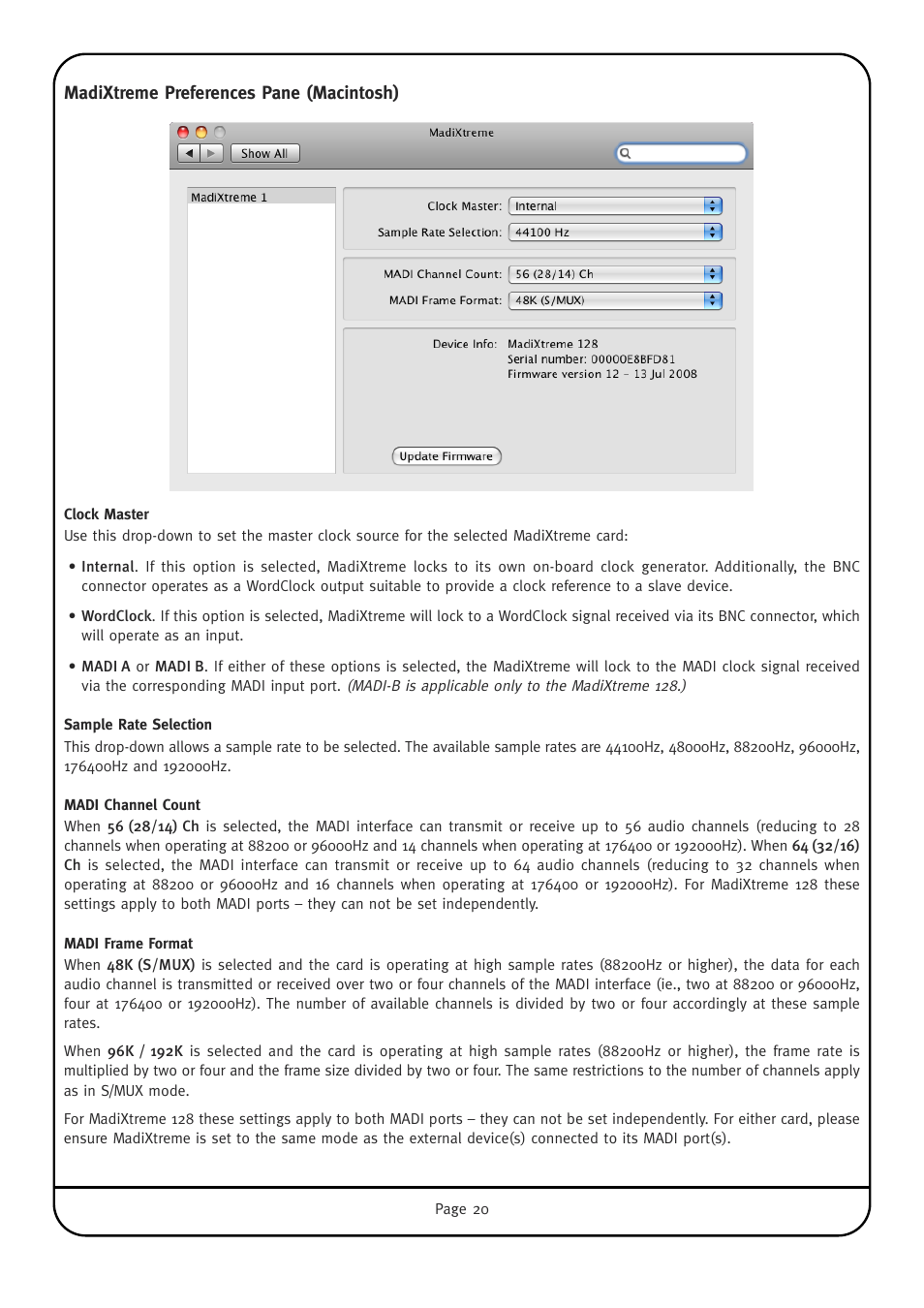 Madixtreme preferences pane (macintosh), Clock master, Sample rate selection | Madi channel count, Madi frame format | Solid State Logic Multichannel Digital Audio Interface MadiXtreme User Manual | Page 26 / 52