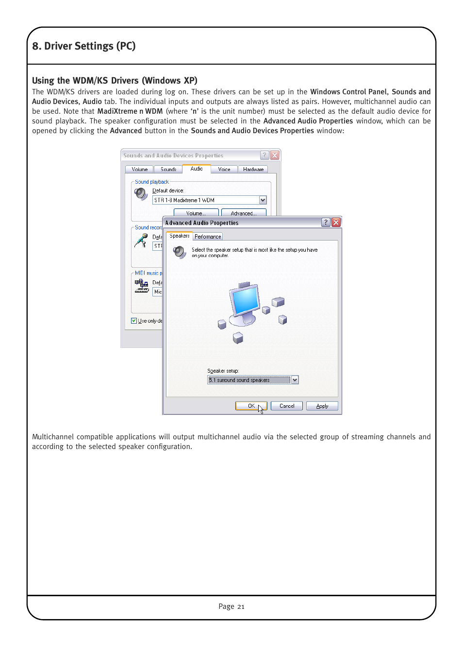 Driver settings (pc), Using the wdm/ks drivers (windows xp) | Solid State Logic Multichannel Digital Audio Interface MadiXtreme User Manual | Page 27 / 52