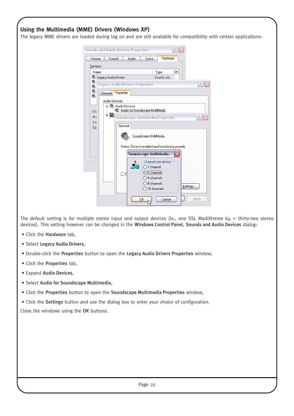 Using the multimedia (mme) drivers (windows xp) | Solid State Logic Multichannel Digital Audio Interface MadiXtreme User Manual | Page 28 / 52