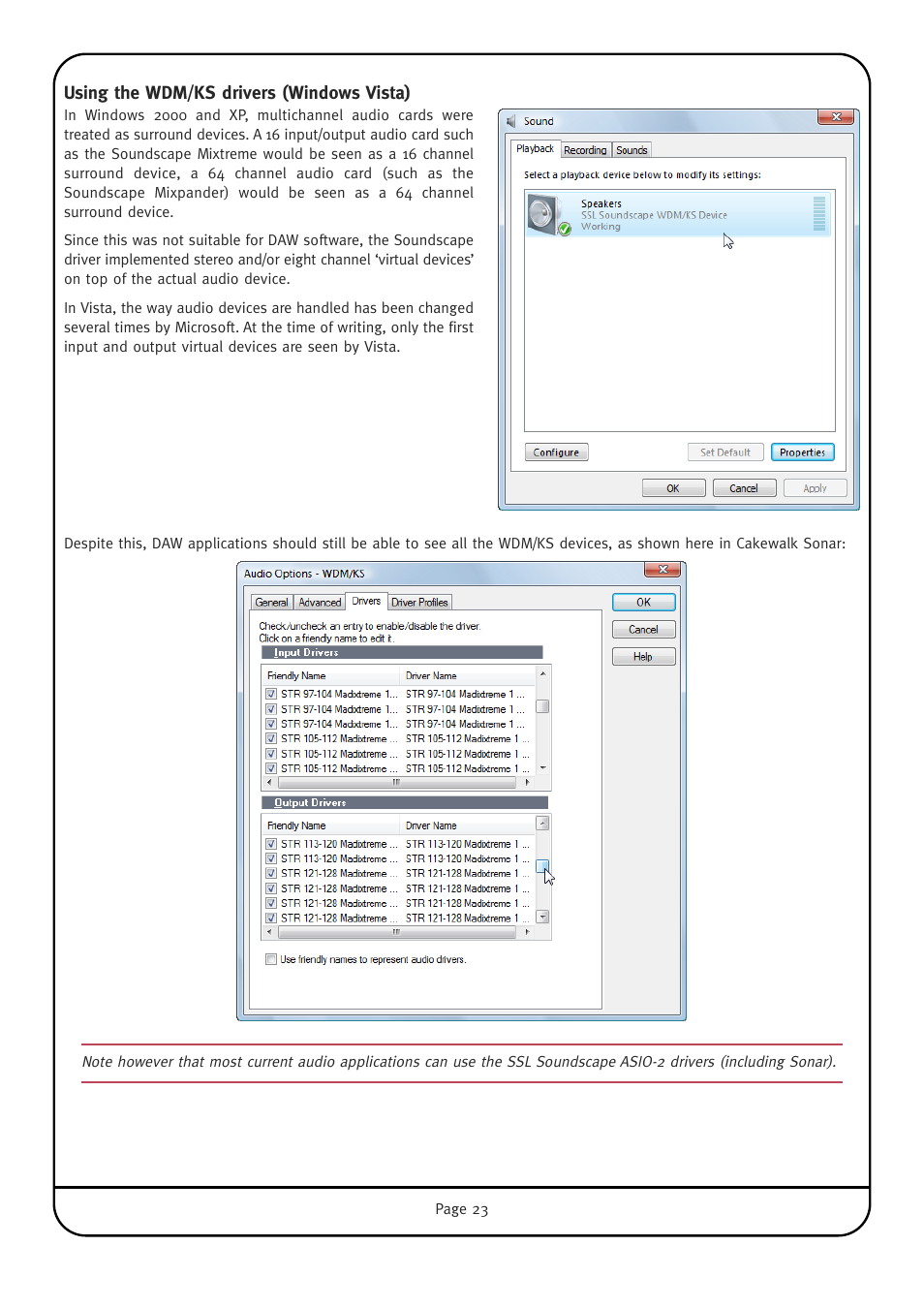 Using the wdm/ks drivers (windows vista) | Solid State Logic Multichannel Digital Audio Interface MadiXtreme User Manual | Page 29 / 52